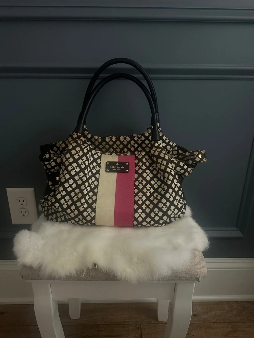 kate spade Black & Cream Patterned Tote with Pink Stripe